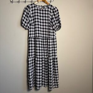 H&M‎ Divided Black White Plaid Tiered Midi Dress Puff Sleeve Keyhole Back Small